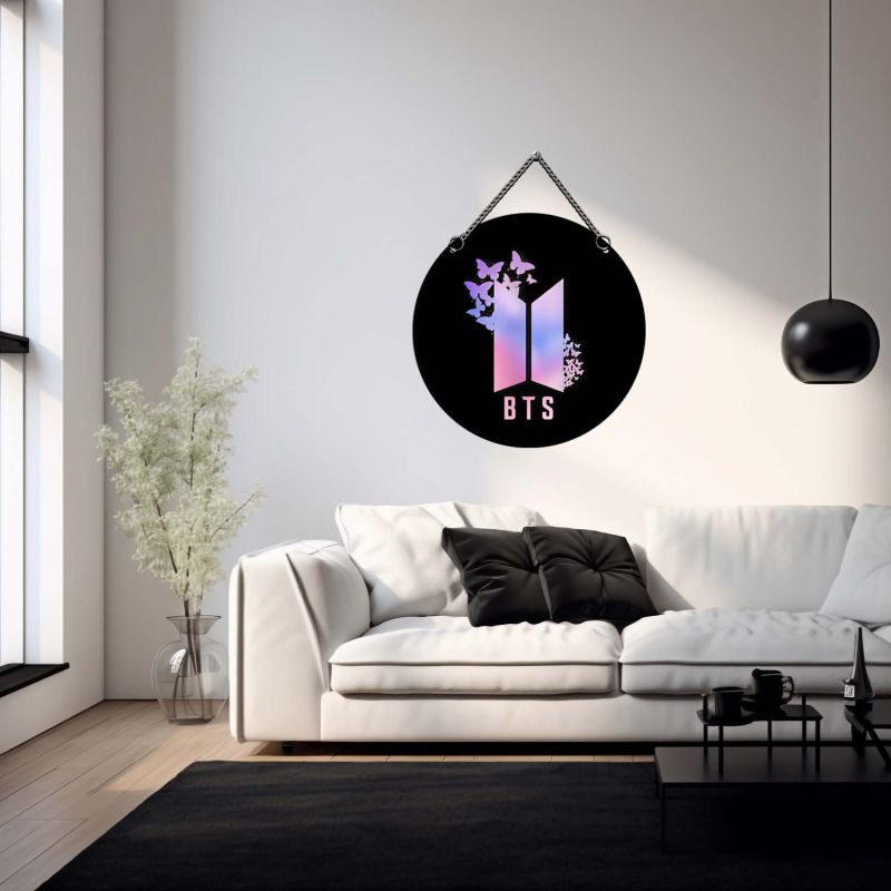 Wooden BTS Army Logo Wall Hanging with Butterfly Design K-Pop Themed Bedroom & Kids Room Decor BTS Fan Room Decoration Birthday or Party Gift